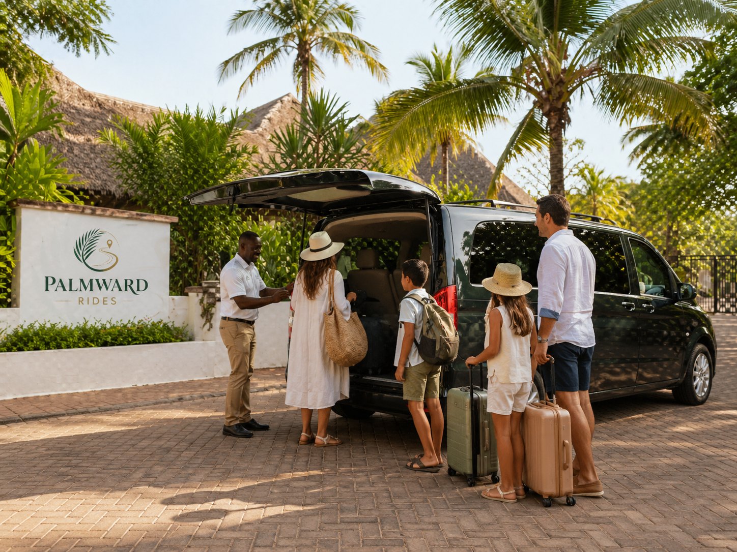 Palmward Rides group transfer at a resort entrance